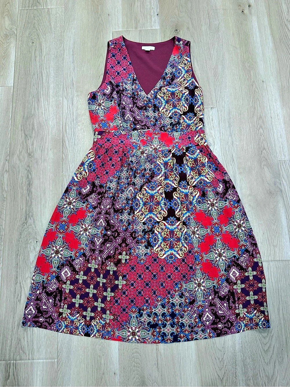 Garnet Hill 100% Silk Mixed Print Fit & Flare Dress Size 8 Boho Maximalist